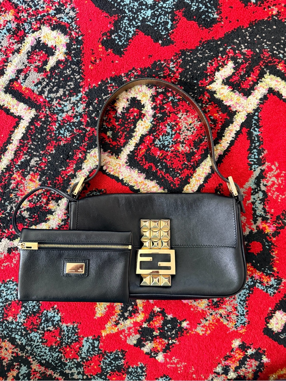 Fendi Black Leather Studded Baguette with small pouch